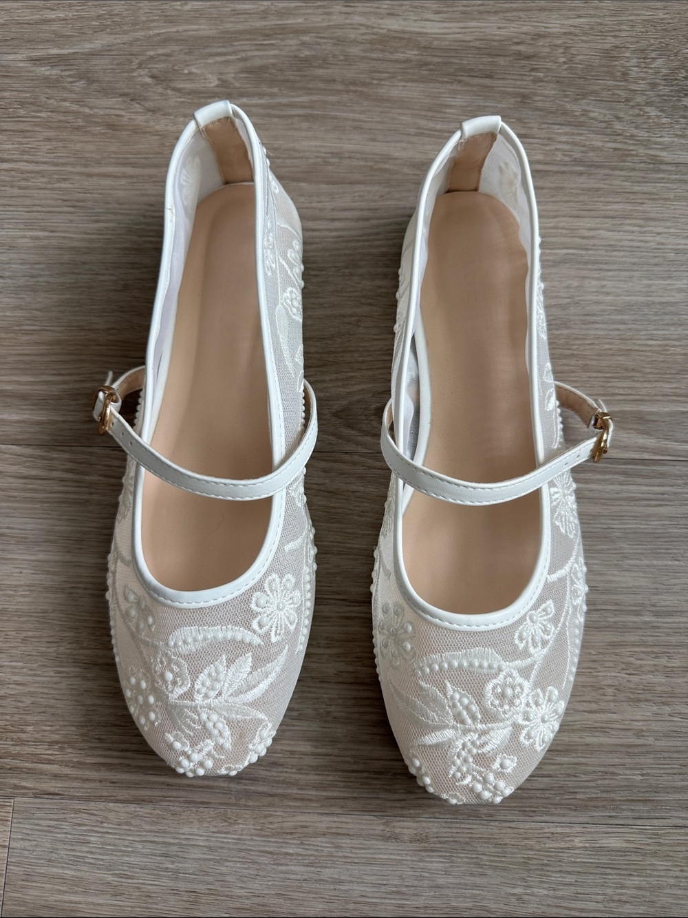 Women's White Embroidered Mary Jane Flats - Elegant Bridal Style